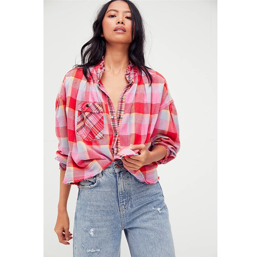 Free People Emily Crop Snap Button Multicolor Plaid Top